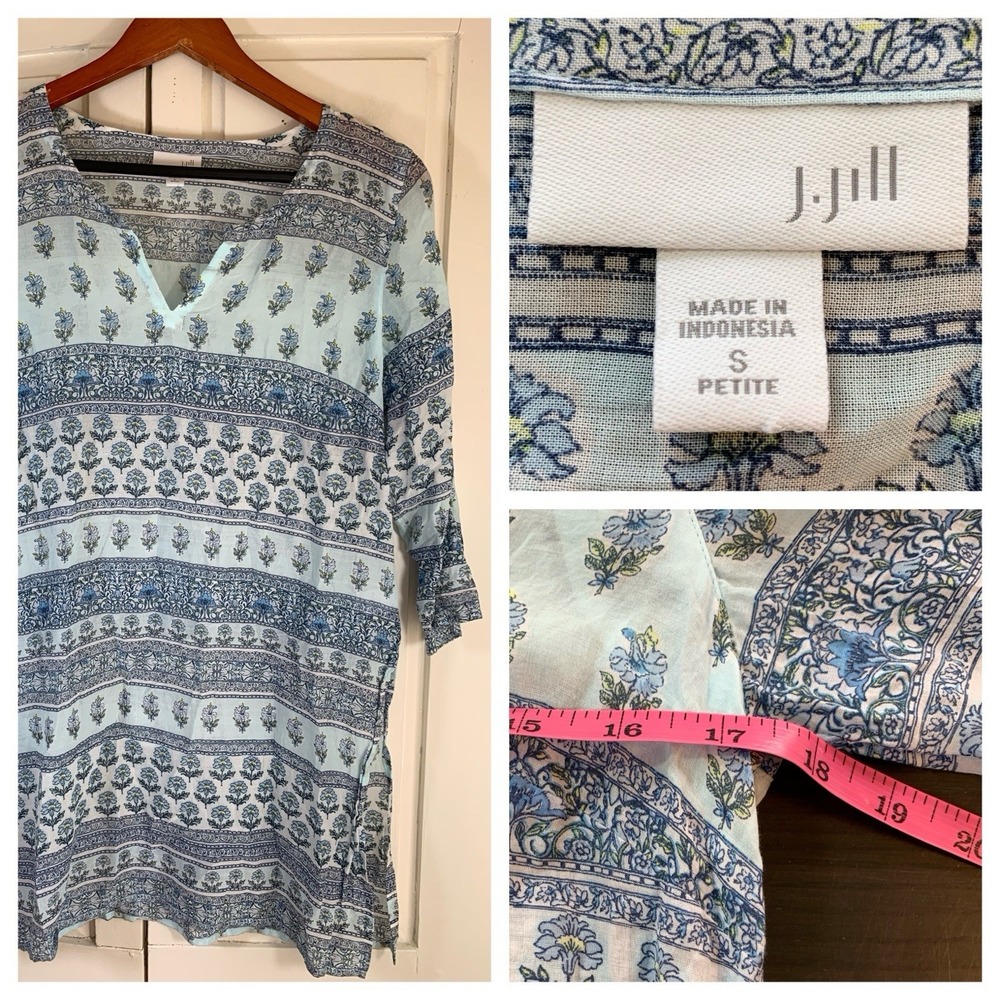 J Jill Tunic‎ Blouse Women Size Small Petite SP Boho Blue Semi Sheer Beachy Pool